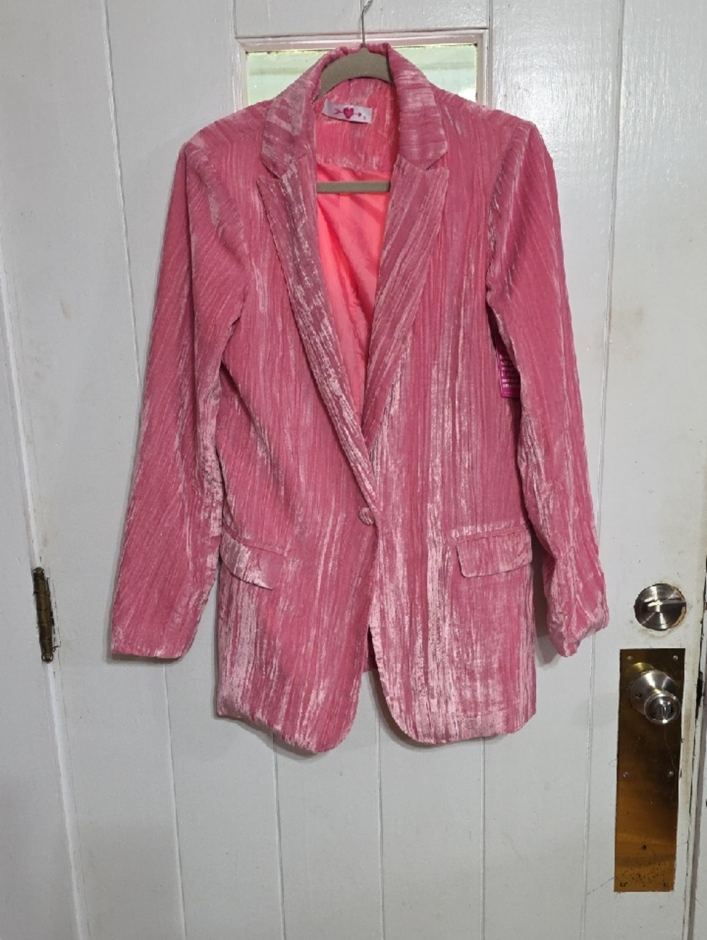 NWT Buddy Love Women's Blazer Jacket Pink‎ Faux Crushed Velvet Pockets Sz M